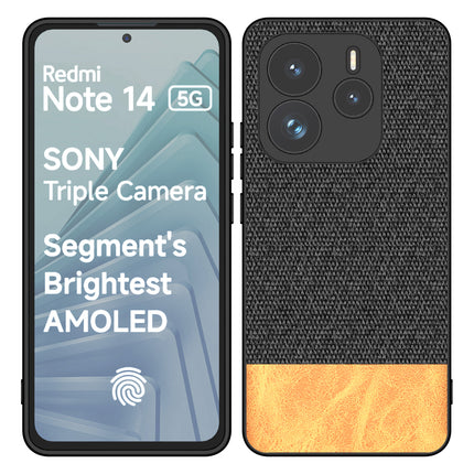 Mobizang Soft Fabric & Leather Hybrid Protective Back Cover for Redmi Note 14 (5G) | Shockproof Slim Hard Anti Slip Back Case (Black,Brown)