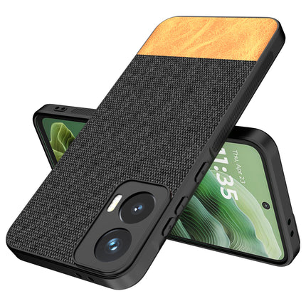 Mobizang Soft Fabric & Leather Hybrid Protective Back Cover for Moto G35 | Shockproof Slim Hard Anti Slip Back Case (Black,Brown)