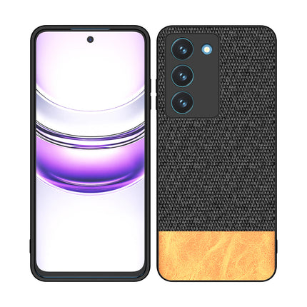 Mobizang Soft Fabric & Leather Hybrid Protective Back Cover for Realme 14X | Shockproof Slim Hard Anti Slip Back Case (Black,Brown)