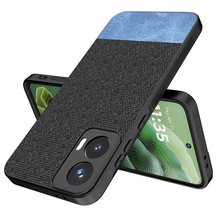 Mobizang Soft Fabric & Leather Hybrid Protective Back Cover for Moto G35 | Shockproof Slim Hard Anti Slip Back Case (Black,Blue)