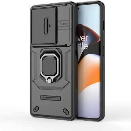 Mobizang Armor Slider Back Cover for OnePlus 11R | Inbuilt Ring + Camera Slider Shockproof Lens Protection Bumper Back Case (Black)