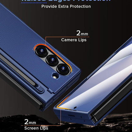 Mobizang Textured Grip S Pen Holder Hinge Protection Back Cover for Samsung Galaxy Z Fold6 / Fold 6 | with Inbuilt Glass , Kickstand & S Pen Slot Case (Blue)