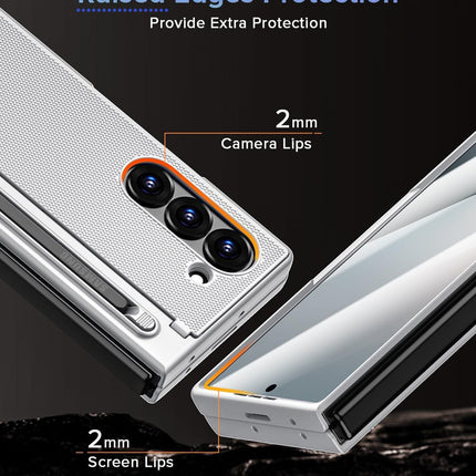 Mobizang Textured Grip S Pen Holder Hinge Protection Back Cover for Samsung Galaxy Z Fold6 / Fold 6 | with Inbuilt Glass , Kickstand & S Pen Slot Case (Silver)