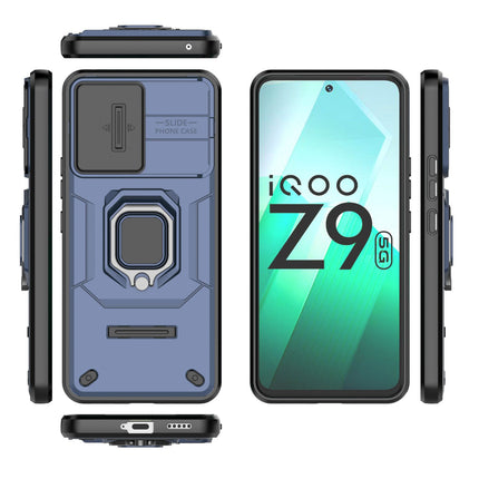 Mobizang Armor Slider Back Cover for Iqoo Z9 | Inbuilt Ring + Camera Slider Shockproof Lens Protection Bumper Back Case (Blue)