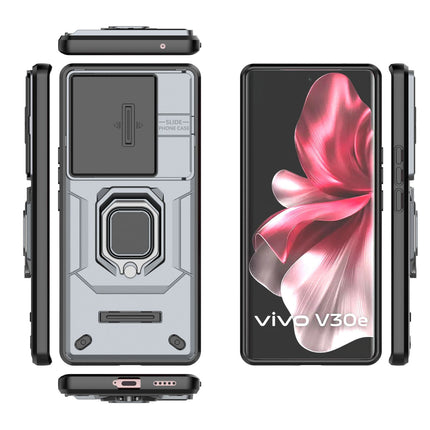 Mobizang Armor Slider Back Cover for Vivo V30E (5G) | Inbuilt Ring + Camera Slider Shockproof Lens Protection Bumper Back Case (Grey)