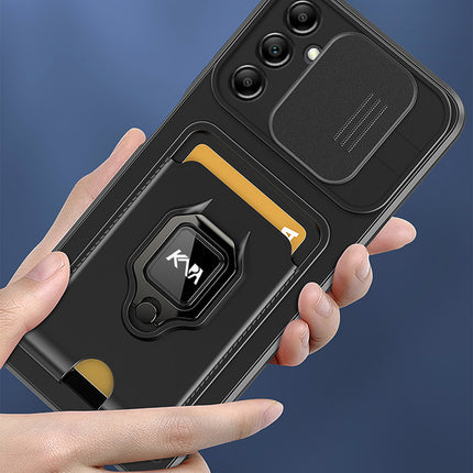 Kapa Bisen Back Cover for Samsung Galaxy A15 (5G) | Inbuilt Camera Slider Ring Stand and Card Pocket Shockproof Slim Bumper Back Case (Black)