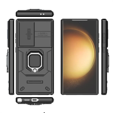 Mobizang Armor Slider Back Cover for Samsung Galaxy S24 Ultra | Inbuilt Ring + Camera Slider Shockproof Lens Protection Bumper Back Case (Black)