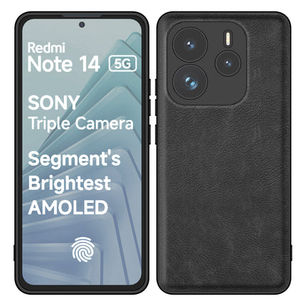 Mobizang Tux Leather Back Cover for Redmi Note 14 (5G) | Slim Shockproof Camera Protection Bumper Case (Black)