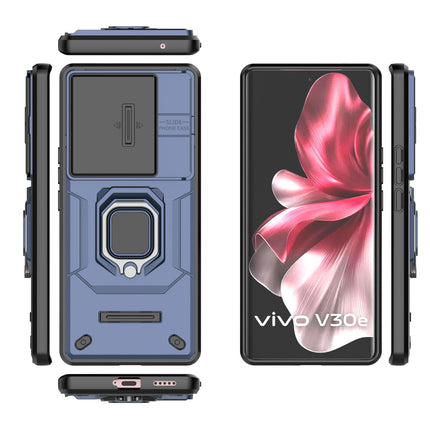 Mobizang Armor Slider Back Cover for Vivo V30E (5G) | Inbuilt Ring + Camera Slider Shockproof Lens Protection Bumper Back Case (Blue)