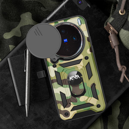 Mobizang Tank Back Cover for Vivo X200 (5G) | Inbuilt Ring + Slider Shockproof Lens Protection Bumper Back Case (Green)