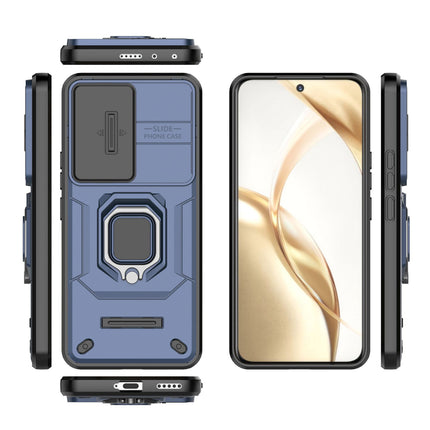 Mobizang Armor Slider Back Cover for Honor 200 Pro (5G) | Inbuilt Ring + Camera Slider Shockproof Lens Protection Bumper Back Case (Blue)