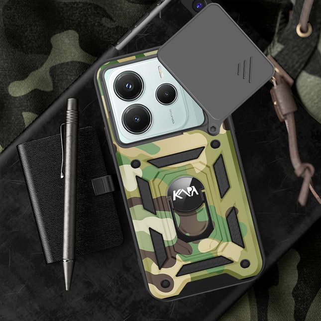 Mobizang Tank Back Cover for Redmi Note 14 (5G) | Inbuilt Ring + Slider Shockproof Lens Protection Bumper Back Case (Green)