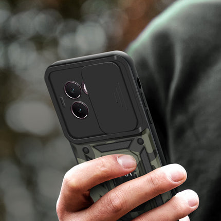 Mobizang Tank Back Cover for Vivo V30E (5G) | Inbuilt Ring + Slider Shockproof Lens Protection Bumper Back Case (Black)