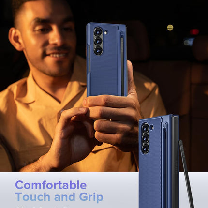 Mobizang Textured Grip S Pen Holder Hinge Protection Back Cover for Samsung Galaxy Z Fold6 / Fold 6 | with Inbuilt Glass , Kickstand & S Pen Slot Case (Blue)