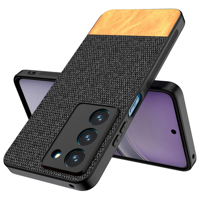 Mobizang Soft Fabric & Leather Hybrid Protective Back Cover for Realme 14X | Shockproof Slim Hard Anti Slip Back Case (Black,Brown)