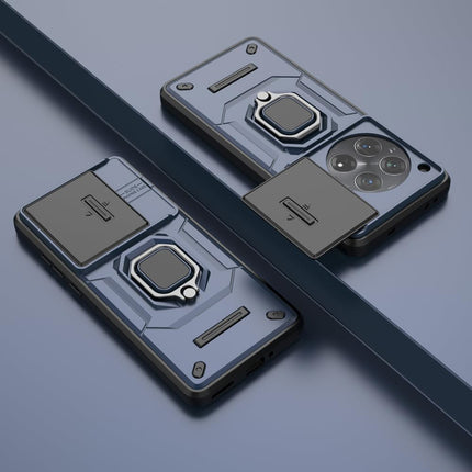 Mobizang Armor Slider Back Cover for OnePlus 12R | Inbuilt Ring + Camera Slider Shockproof Lens Protection Bumper Back Case (Blue)