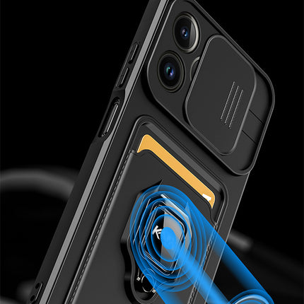 Mobizang Bisen Back Cover for Apple iPhone 16 Pro Max | Inbuilt Camera Slider Ring Stand and Card Pocket Shockproof Slim Bumper Back Case (Black)