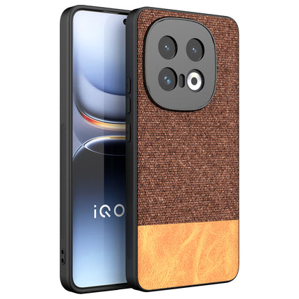 Mobizang Soft Fabric & Leather Hybrid Protective Back Cover for Iqoo 13 (5G) | Shockproof Slim Hard Anti Slip Back Case (Brown)
