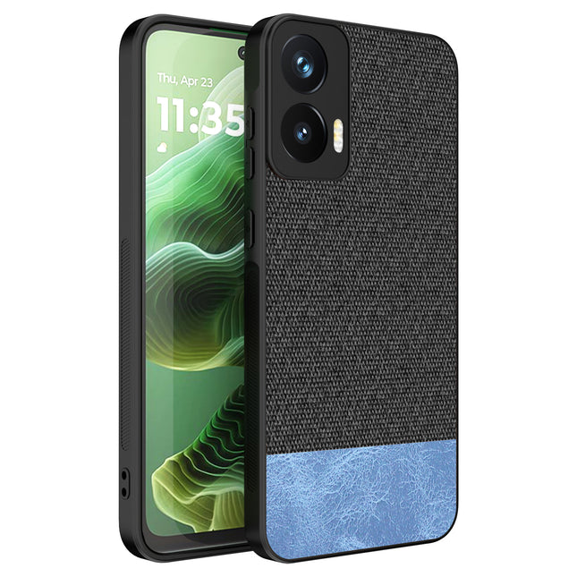 Mobizang Soft Fabric & Leather Hybrid Protective Back Cover for Moto G35 | Shockproof Slim Hard Anti Slip Back Case (Black,Blue)