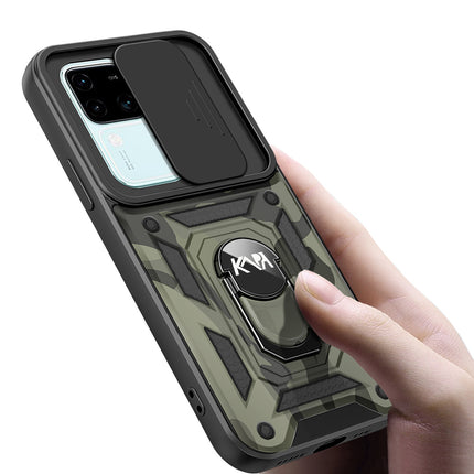 Mobizang Tank Back Cover for Vivo V30 (5G) / Vivo 30 Pro (5G) | Inbuilt Ring + Slider Shockproof Lens Protection Bumper Back Case (Black)