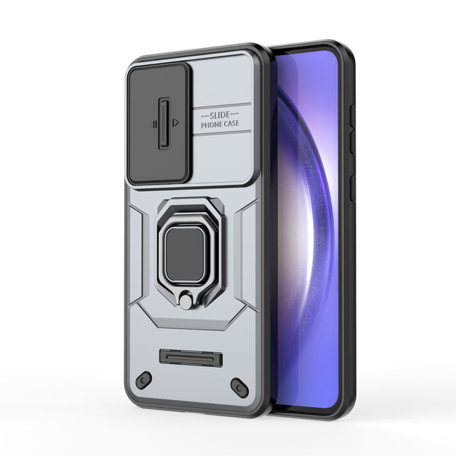 Mobizang Armor Slider Back Cover for Samsung Galaxy A56 | Inbuilt Ring + Camera Slider Shockproof Lens Protection Bumper Back Case (Grey)