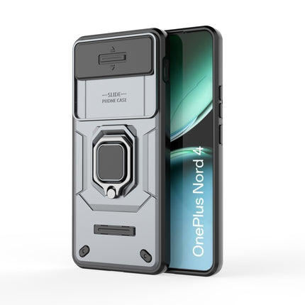 Mobizang Armor Slider Back Cover for OnePlus Nord 4 | Inbuilt Ring + Camera Slider Shockproof Lens Protection Bumper Back Case (Grey)