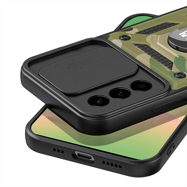 Mobizang Tank Back Cover for Samsung Galaxy S24 FE | Inbuilt Ring + Slider Shockproof Lens Protection Bumper Back Case (Green)