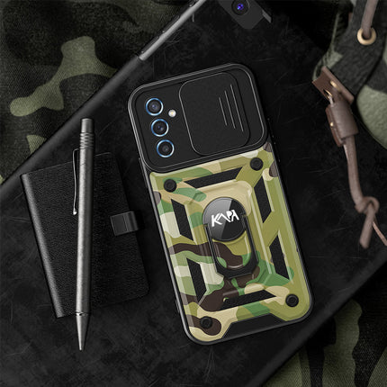 Mobizang Tank Back Cover for Samsung Galaxy M55 / F55 | Inbuilt Ring + Slider Shockproof Lens Protection Bumper Back Case (Green)