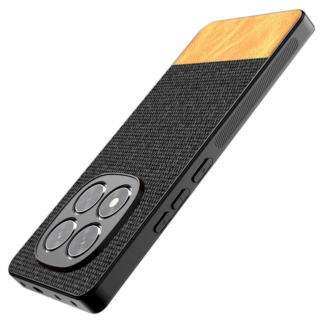 Mobizang Soft Fabric & Leather Hybrid Protective Back Cover for Redmi Note 14 Pro Plus | Shockproof Slim Hard Anti Slip Back Case (Black,Brown)