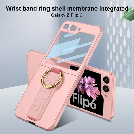 Mobizang Shockproof Band Protective Back Cover for Flip6 / Z Flip 6 | Wrist Strap Ring Kickstand Inbuilt Screen Tempered Glass Case (Pink)