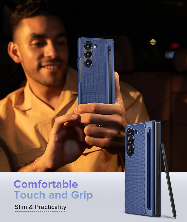 Mobizang Textured Grip S Pen Holder Hinge Protection Back Cover for Samsung Galaxy Z Fold6 / Fold 6 | with Inbuilt Glass , Kickstand & S Pen Slot Case (Blue)