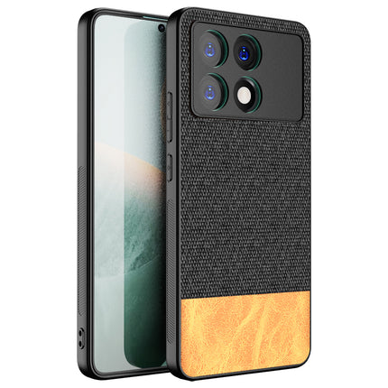 Mobizang Soft Fabric & Leather Hybrid Protective Back Cover for Poco X6 Pro | Shockproof Slim Hard Anti Slip Back Case (Black,Brown)