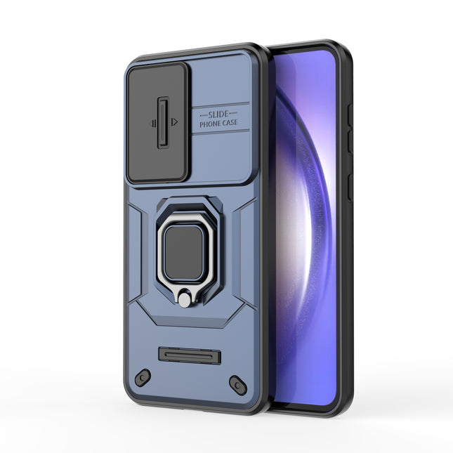 Mobizang Armor Slider Back Cover for Samsung Galaxy A36 | Inbuilt Ring + Camera Slider Shockproof Lens Protection Bumper Back Case (Blue)