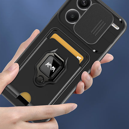 Kapa Bisen Back Cover for Redmi Note 13 Pro Plus (5G) | Inbuilt Camera Slider Ring Stand and Card Pocket Shockproof Slim Bumper Back Case (Black)