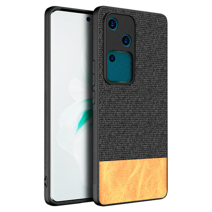 Mobizang Soft Fabric & Leather Hybrid Protective Back Cover for Vivo V30 (5G) | Shockproof Slim Hard Anti Slip Back Case (Black,Brown)