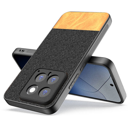 Mobizang Soft Fabric & Leather Hybrid Protective Back Cover for Xiaomi 14 (5G) | Shockproof Slim Hard Anti Slip Back Case (Black,Brown)