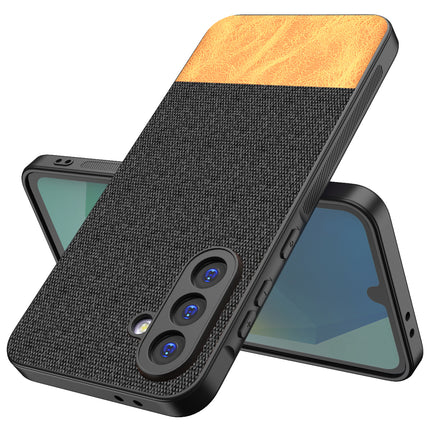 Mobizang Soft Fabric & Leather Hybrid Protective Back Cover for Samsung Galaxy A16 | Shockproof Slim Hard Anti Slip Back Case (Black,Brown)