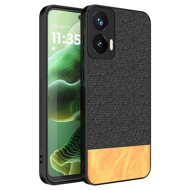 Mobizang Soft Fabric & Leather Hybrid Protective Back Cover for Moto G35 | Shockproof Slim Hard Anti Slip Back Case (Black,Brown)