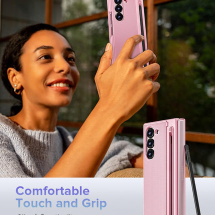 Mobizang Textured Grip S Pen Holder Hinge Protection Back Cover for Samsung Galaxy Z Fold6 / Fold 6 | with Inbuilt Glass , Kickstand & S Pen Slot Case (Pink)