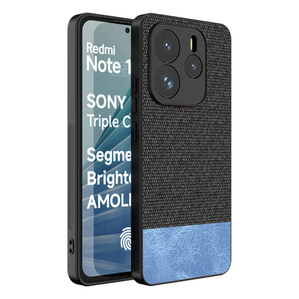 Mobizang Soft Fabric & Leather Hybrid Protective Back Cover for Redmi Note 14 (5G) | Shockproof Slim Hard Anti Slip Back Case (Black,Blue)