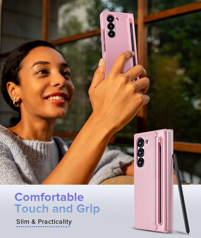 Mobizang Textured Grip S Pen Holder Hinge Protection Back Cover for Samsung Galaxy Z Fold6 / Fold 6 | with Inbuilt Glass , Kickstand & S Pen Slot Case (Pink)