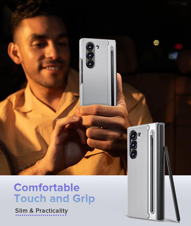 Mobizang Textured Grip S Pen Holder Hinge Protection Back Cover for Samsung Galaxy Z Fold6 / Fold 6 | with Inbuilt Glass , Kickstand & S Pen Slot Case (Silver)