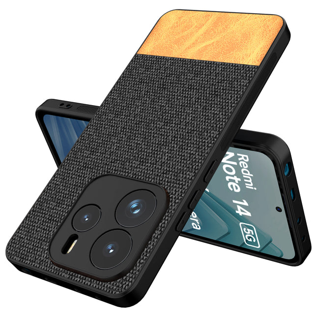 Mobizang Soft Fabric & Leather Hybrid Protective Back Cover for Redmi Note 14 (5G) | Shockproof Slim Hard Anti Slip Back Case (Black,Brown)