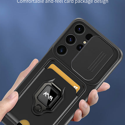 Mobizang Bisen Back Cover for Samsung Galaxy S25 Ultra | Inbuilt Camera Slider Ring Stand and Card Pocket Shockproof Slim Bumper Back Case (Black)