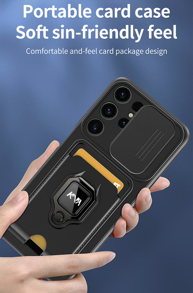 Mobizang Bisen Back Cover for Samsung Galaxy S25 Ultra | Inbuilt Camera Slider Ring Stand and Card Pocket Shockproof Slim Bumper Back Case (Black)
