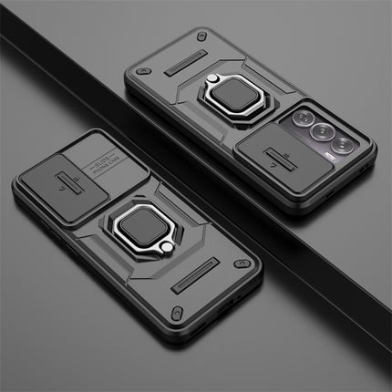 Mobizang Armor Slider Back Cover for Oppo Reno 12 Pro (5G) | Inbuilt Ring + Camera Slider Shockproof Lens Protection Bumper Back Case (Black)