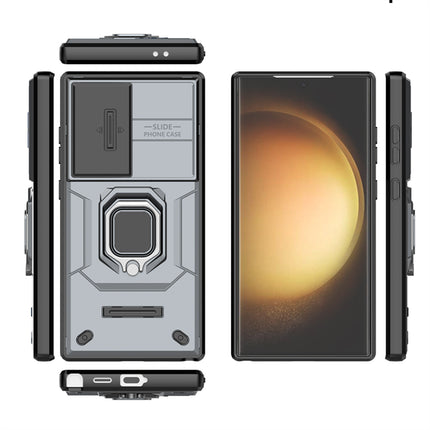 Mobizang Armor Slider Back Cover for Samsung Galaxy S24 Ultra | Inbuilt Ring + Camera Slider Shockproof Lens Protection Bumper Back Case (Grey)