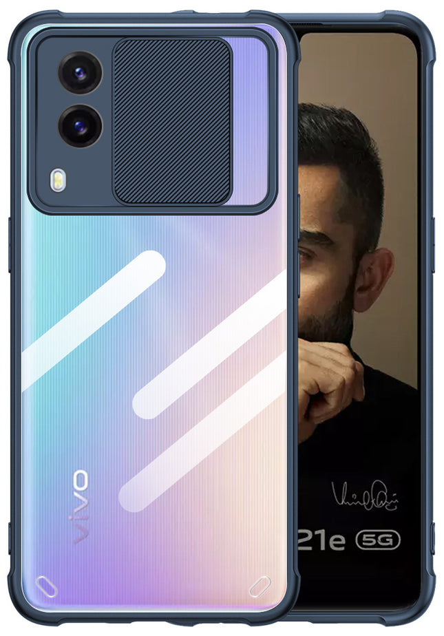 Slider Back Cover for Vivo V21E , [Military Grade Protection] Shockproof Slim Clear Camera Shield Bumper Back Case (Blue)