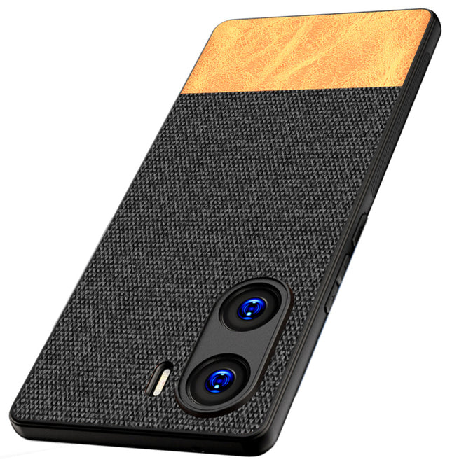 Mobizang Soft Fabric & Leather Hybrid Protective Back Cover for Vivo V29E | Shockproof Slim Hard Anti Slip Back Case (Black::Brown)