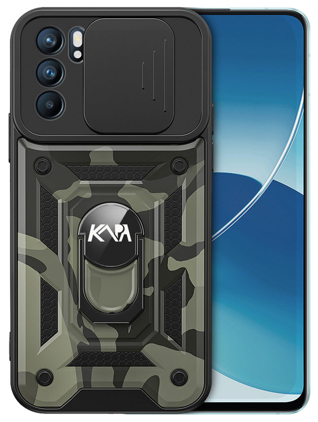 Tank Back Cover for Oppo Reno 6 (5G) , Inbuilt Ring + Slider Shockproof Lens Protection Case (Black)